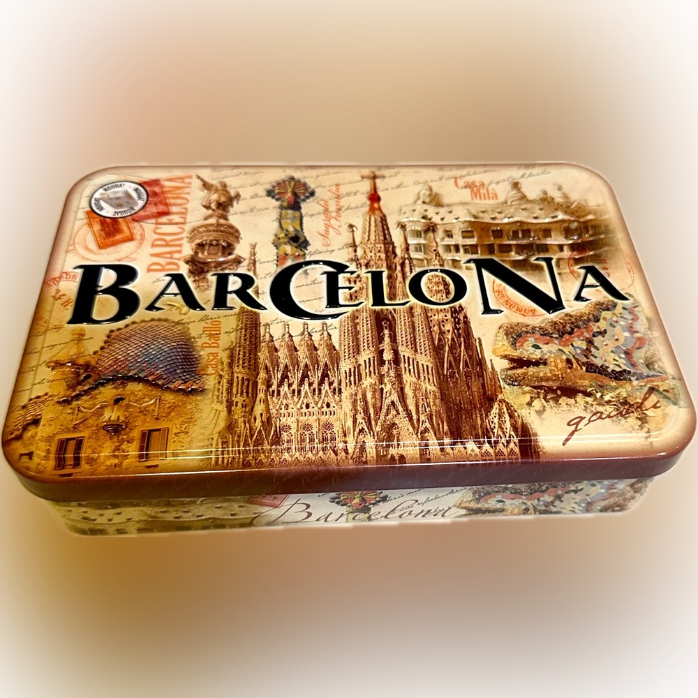 BARCELONA HINGED PEANUT NOUGAT TIN SOUVENIR STORAGE TRINKETS 8” EMPTY—NO CANDY